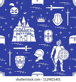 Seamless pattern with knight, castle, shields, swords, cuirass, helmet, crown, treasure chest. Design for banner or print.