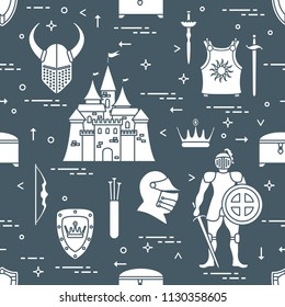 Seamless pattern with knight, castle, shields, swords, cuirass, helmet, crown, treasure chest, bow, quiver of arrows. Design for banner or print.