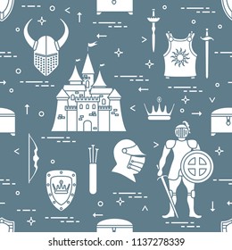 Seamless pattern with knight, castle, shields, swords, cuirass, helmet, crown, treasure chest, bow, quiver of arrows. Design for banner or print.