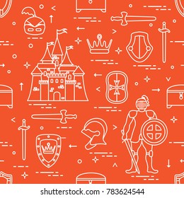 Seamless pattern with knight, castle, shields, swords, cuirass, helmet, crown, treasure chest. Design for banner or print.