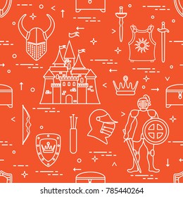 Seamless pattern with knight, castle, shields, swords, cuirass, helmet, crown, treasure chest, bow, quiver of arrows. Design for banner or print.
