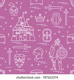 Seamless pattern with knight, castle, shields, swords, cuirass, helmet, crown, treasure chest. Design for banner or print.