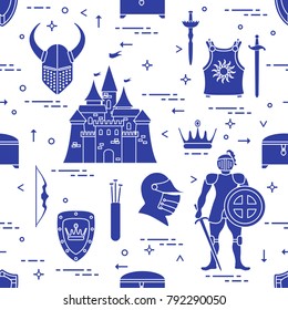 Seamless pattern with knight, castle, shields, swords, cuirass, helmet, crown, treasure chest, bow, quiver of arrows. Design for banner or print.