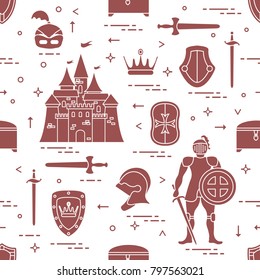 Seamless pattern with knight, castle, shields, swords, cuirass, helmet, crown, treasure chest. Design for banner or print.