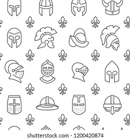 Seamless pattern with knight helmets. Black and white thin line icons