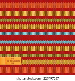 Seamless pattern with knitted background. The yellow, red, green, blue, orange colored stripes. Vector 10 EPS