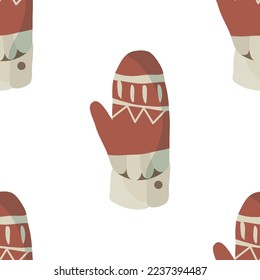 Seamless pattern of knitted bright mittens. Vector illustration.
Winter time. Winter gloves or woolen mittens. Icons for design. Interesting patterns and ornaments.