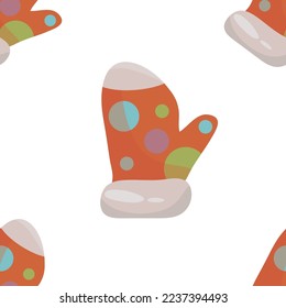 Seamless pattern of knitted bright mittens. Vector illustration.
Winter time. Winter gloves or woolen mittens. Icons for design. Interesting patterns and ornaments.