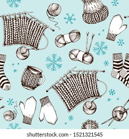 Seamless pattern with knitted clothes and accessories. Sketched collection. Hand drawn vector illustration.