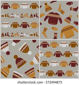 Seamless pattern with knitted clothes. Lovely set with backgrounds for your design.