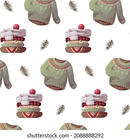Seamless pattern with knitted clothes. Merry Christmas, cozy winter, New Year, home comfort, holidays concept. Perfect for wrapping paper, scrapbooking, textile and product design.
