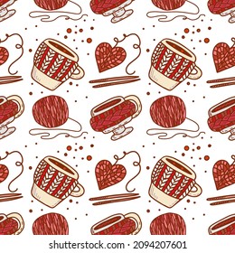 Seamless pattern with knitted cups with coffee. Colorful vector design for print and web. 
