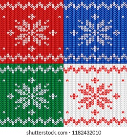 Seamless pattern. Knitted fabric. Ornament snowflake. Wool. Winter decor. Red. Vector.