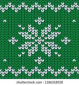 Seamless pattern. Knitted fabric. Ornament snowflake. Wool. Winter decor. Green. Vector.