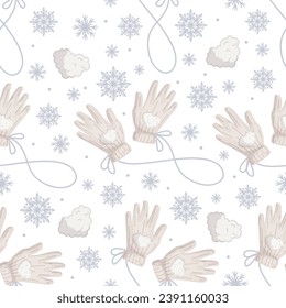 Seamless pattern with knitted, fur mittens, gloves and snowflakes. Background for winter Christmas decor. Vector graphics.