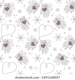 Patrón sin foco con mitones de piel, guantes y copos de nieve de punto. Antecedentes de la decoración navideña de invierno. Gráficos vectoriales.