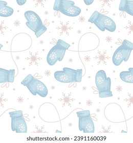 Seamless pattern with knitted, fur mittens, gloves and snowflakes. Background for winter Christmas decor. Vector graphics.