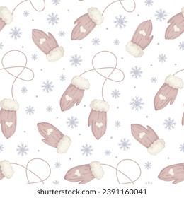 Patrón sin foco con mitones de piel, guantes y copos de nieve de punto. Antecedentes de la decoración navideña de invierno. Gráficos vectoriales.