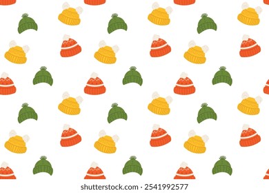 Patrón sin fisuras con sombreros de punto sobre fondo blanco. Ilustración vectorial.