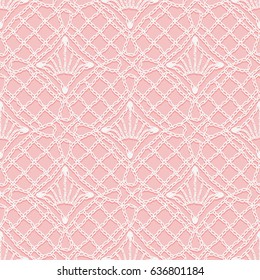 Seamless pattern of Knitted lace. White hinges and threads of ornament on a pink background. Vector illustration
