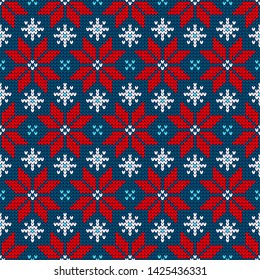 Seamless Pattern Knitted Little Poinsettia Red Blue White