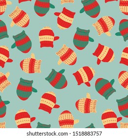 seamless pattern with knitted mittens. Christmas background