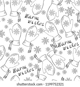 Seamless pattern with knitted mittens and lettering ""Warm wishes"" on a white background.  Winter. Print for bed linens,clothes,  fabric, textiles, wallpaper, greeting cards, wrapping paper, gift box