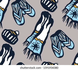 Seamless pattern with knitted mittens, scarf and hats. Ornamental decorative background. Vector pattern. Print for textile, cloth, wallpaper, scrapbooking