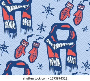 Seamless pattern with knitted mittens, scarf and hats. Ornamental decorative background. Vector pattern. Print for textile, cloth, wallpaper, scrapbooking