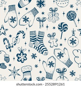 Seamless pattern with knitted mittens, socks, candies and snowflake decor. Blue color doodle vector illustration.