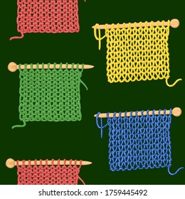 Seamless pattern of knitted pieces of fabric on knitting needles. Vector on green background. 