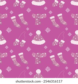 Seamless pattern, knitted pink hats and scarves with snowflake decorations. Christmas pink background, print, textile, vector