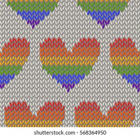 Seamless pattern of knitted rainbow heart. The symbol of homosexual. Design for gay, ligbt, homosexual or lesbian community, Valentines day. Vector illustration