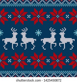 Seamless Pattern Knitted Reindeer And Poinsettia Red White Blue