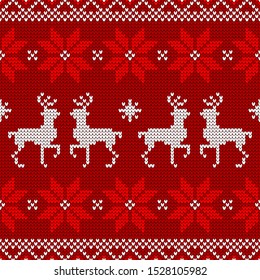 Seamless Pattern Knitted Reindeer And Poinsettia Red White