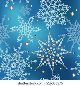 Seamless pattern of knitted snowflakes and crystal.