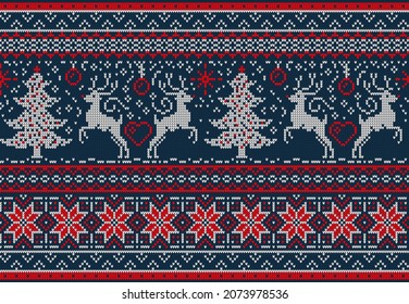 Seamless pattern knitted sweater Merry Christmas and Happy New Year, blue, white, red colors in vector.