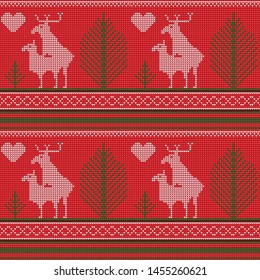 Seamless pattern of a knitted sweater, reindeer love, fir, heart, humor. Printing, textile paper. Vector image eps 10
