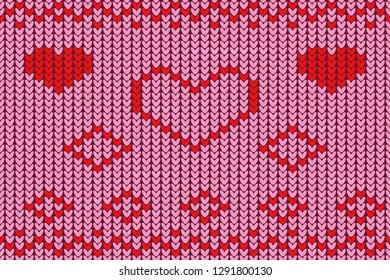 Seamless pattern, knitted texture with ornament and hearts. Illustration for background or wallpaper.
