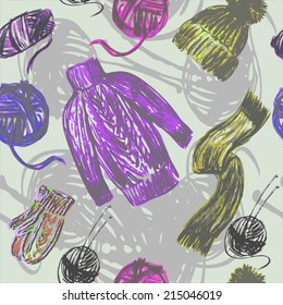 seamless pattern knitted things and skeins of thread