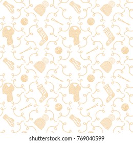 Seamless pattern with knitted winter accessories - sweater, hat, mitten, socks, scarf.
