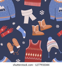 Seamless pattern with knitted winter clothes on dark background. Backdrop with woolen seasonal clothing or apparel. Flat cartoon vector illustration for wallpaper, wrapping paper, fabric print.