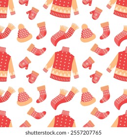 Seamless pattern with knitted winter clothes, Christmas mittens, hats, sweaters and socks. Holiday background for packaging	
