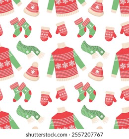 Seamless pattern with knitted winter clothes, Christmas mittens, hats, sweaters and socks. Holiday background for packaging	
