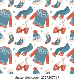 Seamless pattern with knitted winter clothes, Christmas mittens, hats, sweaters and socks. Holiday background for packaging	
