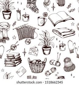 Seamless pattern with knitting accessories and cosy home elements. Hand drawn vector illustration on white background.