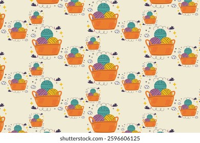 Seamless pattern of knitting baskets filled with colorful yarn balls, needles, and sewing tools. Perfect for textile, crafts, and DIY projects.