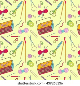 Seamless pattern of knitting and crafts icons. Knitting needles, yarn, thread, crochet hooks, basket. Background for use in design, web site, packing, wallpaper, textile. Vector illustration.