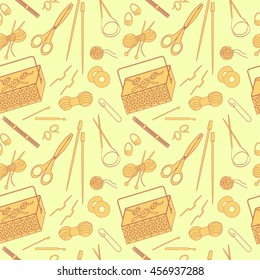 Seamless pattern of knitting and crafts icons. Knitting needles, yarn, thread, crochet hooks, basket. Background for use in design, web site, packing, wallpaper, textile. Vector illustration.