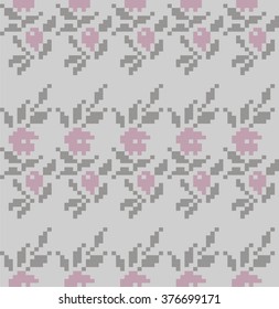 Seamless pattern for knitting and embroidery cross-stitch (flowers, leaves, berries) 
Flowers in the summer garden ornament. Beautiful pastel color romantic texture.  Pixel art - stock vector 
